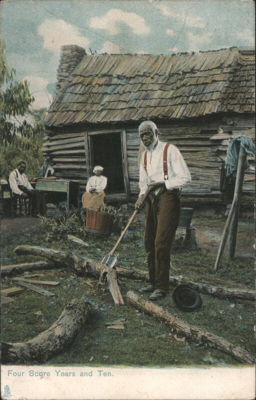 Four Score Years and Ten Man Chopping Wood Log Cabin