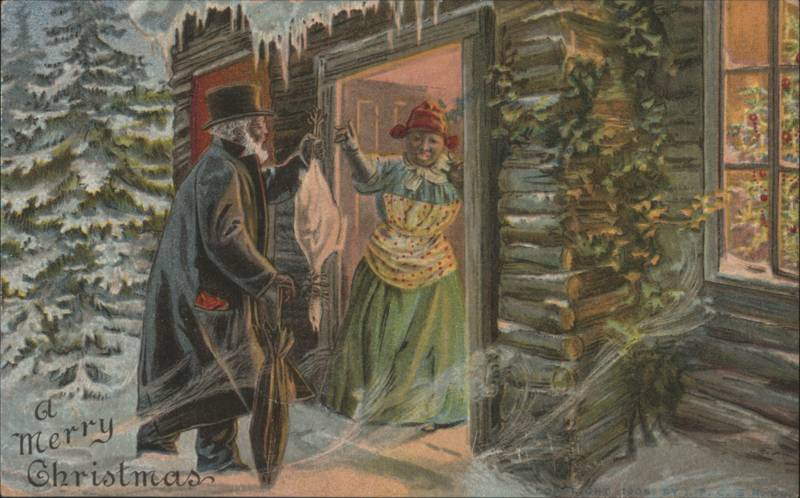 Merry Christmas Black Man Bringing Goose to Woman at Cabin