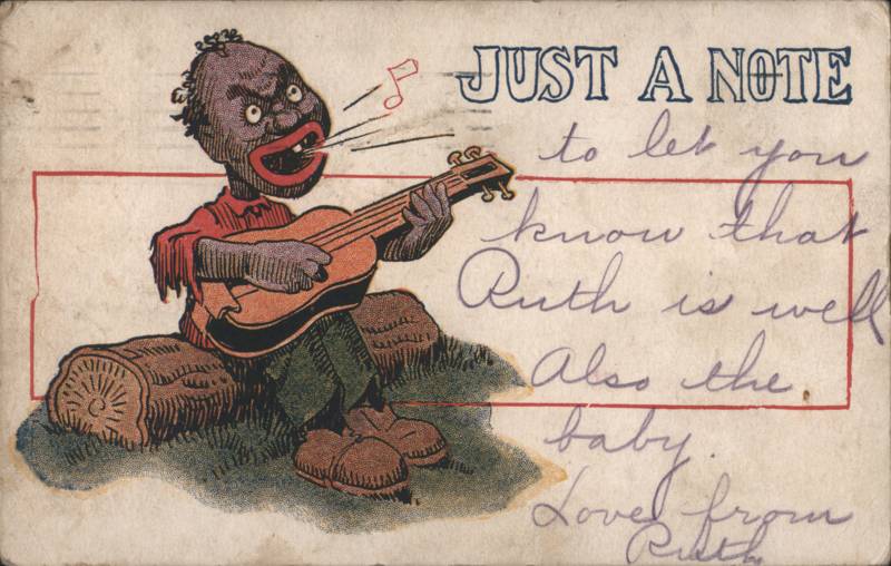 Black Americana Boy Playing Guitar on Log, Just a Note