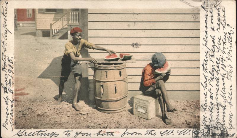 Two Boys Eating Watermelon beside Wooden Barrel 'Bliss'