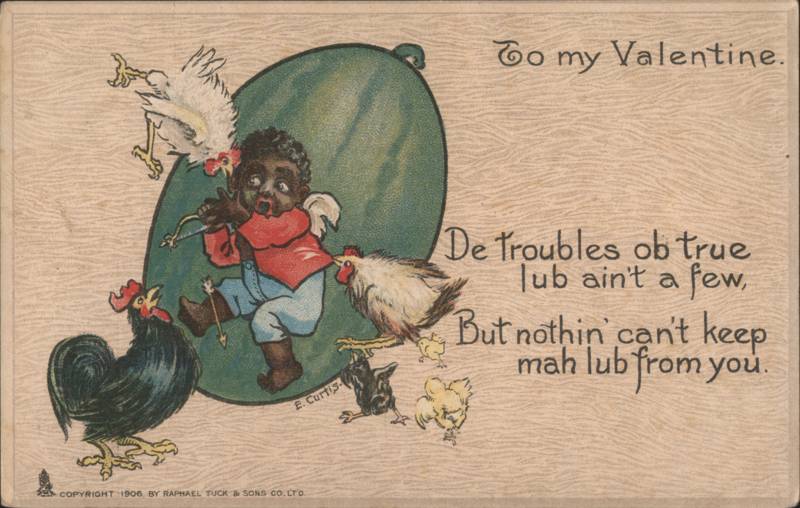 Black Cupid with Watermelon and Chickens Valentine 1906