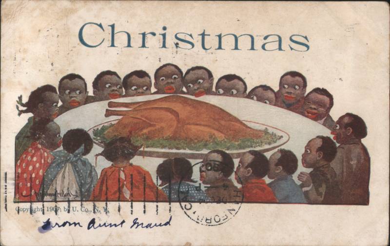 Christmas Black Americana Children Around Roast Turkey