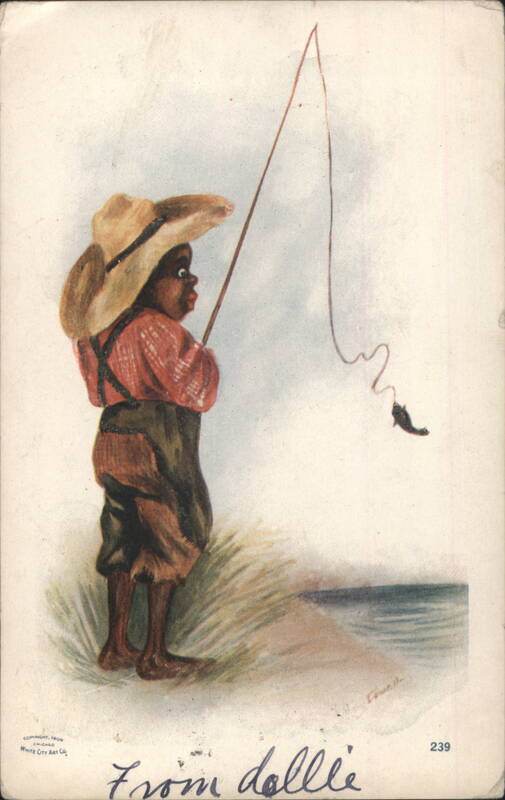 Young Black Boy in Straw Hat Fishing with Tiny Fish