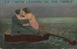 I'm Taking Lessons on the Fiddle, Romantic Kissing Couple Postcard