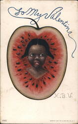 To My Valentine Black Child in Heart-Shaped Watermelon Postcard
