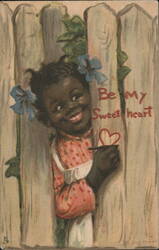Girl Peeking Through Fence Drawing Heart Be My Sweetheart Postcard