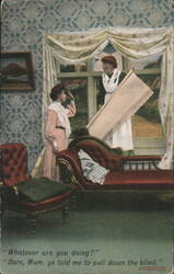 Comic Maid Pulling Down Window Blind in Parlor 1907 Postcard