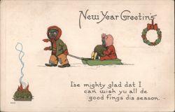 New Year Greetin's Black Boy Pulling Girl on Sled Postcard