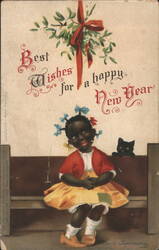 Clapsaddle Happy New Year Black Girl with Cat, Mistletoe Postcard