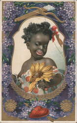 To My Valentine Black Child Holding Sunflower Embossed Postcard