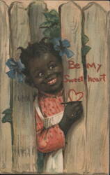 Black Girl Drawing Heart on Fence, Be My Sweetheart Postcard