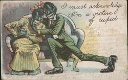 Caricature Couple Embracing on Sofa 'Victim of Cupid Postcard