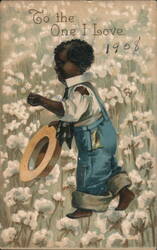 Valentine To the One I Love Black Boy in Cotton Field Postcard