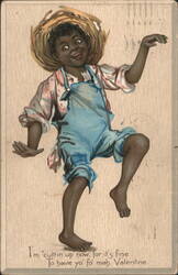 Tuck Valentine Dancing Boy in Straw Hat and Overalls Postcard
