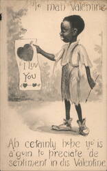 E.W. Kemble Valentine Boy Holding I Luv You Sign Postcard