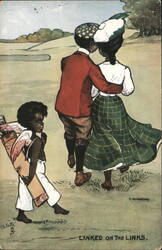 Linked on the Links Black Couple Golfing with Cupid Postcard