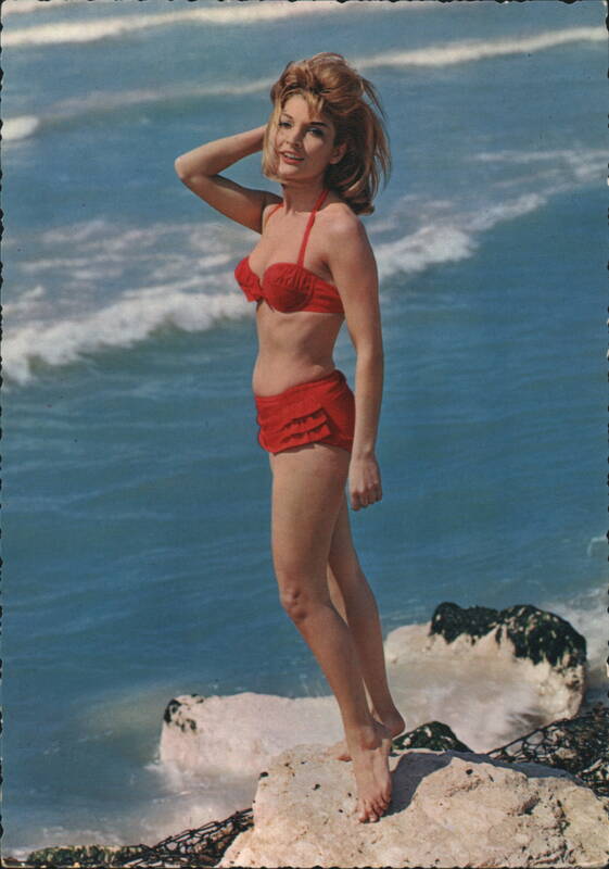 Glamour Model in Red Bikini on Rocks by the Sea
