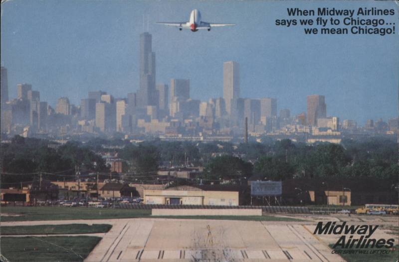 Midway Airlines Jet Taking Off Toward Downtown Skyline