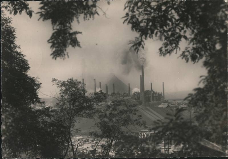 Iron and Steelworks Industrial View with Smokestacks