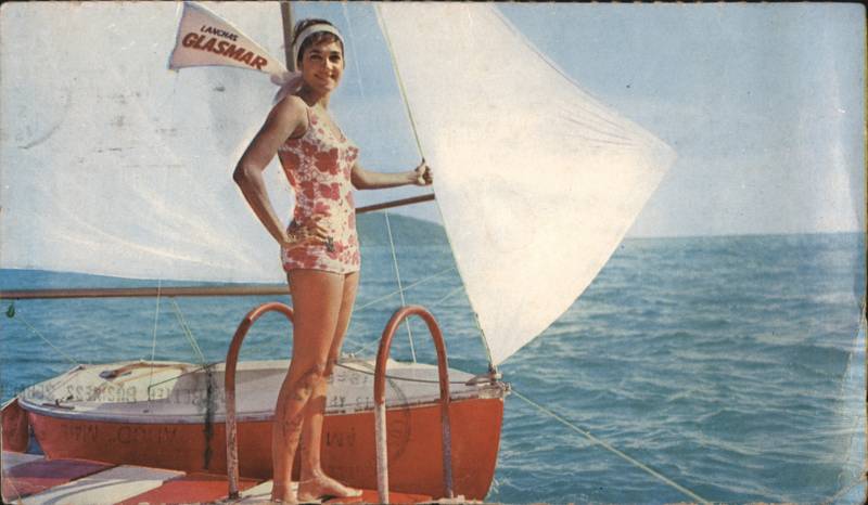 Catalina Swimsuit Model by Sailboat, Hotel Catalina