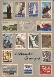 Icelandic Stamps Selection with Map of Iceland Postcard