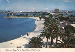 Mission Bay Park Sandy Beach, Palm Trees & Harbor View Postcard