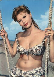 Glamour Pin-Up Model in Bikini on Rope Swing Postcard