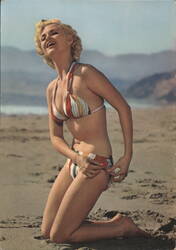 Blonde Pin-Up Model in Striped Bikini on Beach Postcard