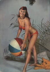 Pin-Up Model in Red Bikini with Beach Ball Postcard