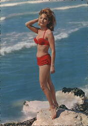Glamour Model in Red Bikini on Rocks by the Sea Postcard