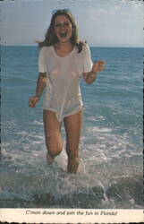 Woman in Wet T-Shirt, C'mon Down and Join the Fun Postcard