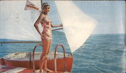 Catalina Swimsuit Model by Sailboat, Hotel Catalina Postcard