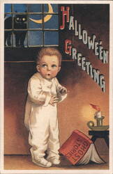 Halloween Greeting, Child, Ghost Stories Book & Black Cat Postcard