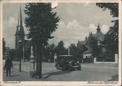 Partie an der Hafenstrasse, Church Spire & Car Postcard