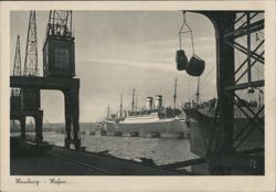 Hafen Port View with Cargo Cranes and Ocean Liners Postcard