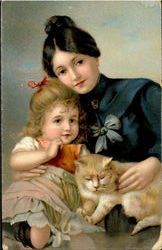 Mother, Daughter, Cat Postcard