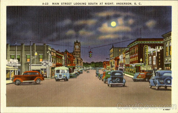 Main Street Looking South At Night Anderson South Carolina