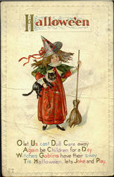 Halloween Witch with Cat H-14 Postcard