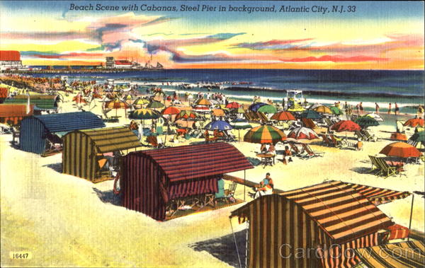 Beach Scene With Cabanas, Steel Pier In Background Atlantic City New Jersey