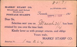 Marks Stamp Co.,, 414 Spadina Ave Toronto, ON Canada Postal Postcard Postcard