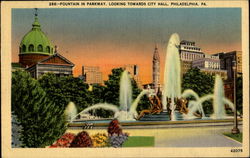Fountain In Parkway Looking Towards City Hall Postcard