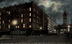 The Oxford Hotel An New Annex The Welcome Arch And Union Depot At Night Postcard
