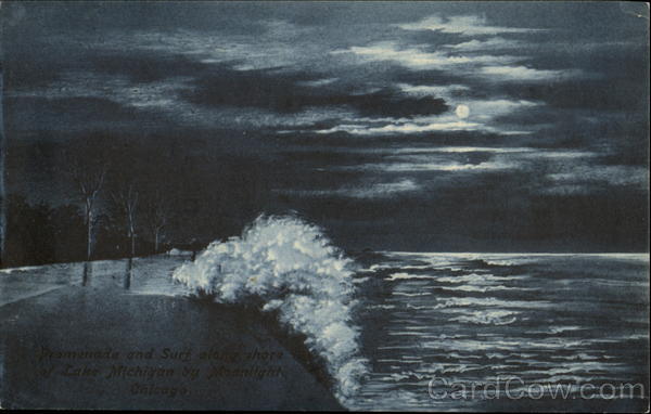 Promenade and Surf lake Michigan by Moonlight Chicago Illinois