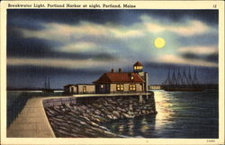 Breakwater Light Portland Harbor At Night Maine Postcard Postcard