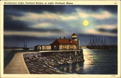 Breakwater Light Portland Harbor At Night Postcard