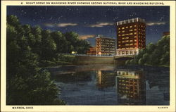 Night Scene On Mahoning River Showing Second National Bank And Mahoning Building Warren, OH Postcard Postcard