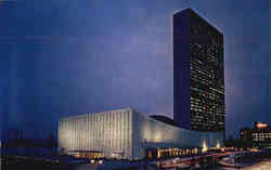 An evening view of the United Nations Headquarters Postcard