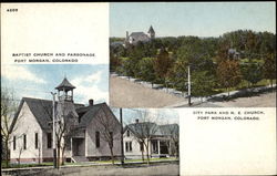 Baptist Church And Parsonage City Park And M. E. Church Fort Morgan, CO Postcard Postcard