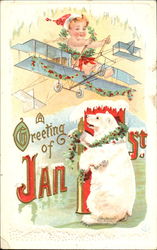 A Greeting Of Jan 1st Baby Airplane Polar Bear Postcard
