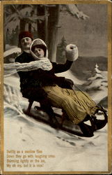Couple Sledding Winter Postcard